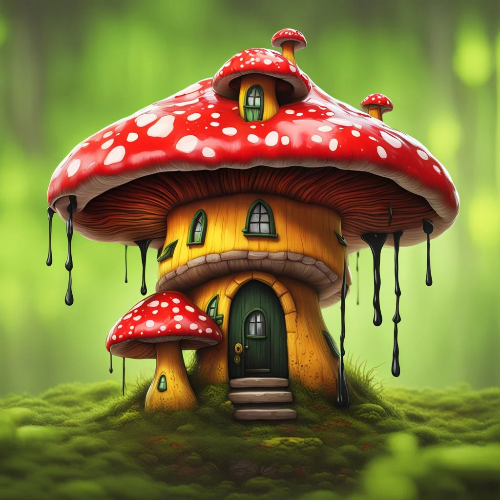 A weird mushroom house with drippy spots on a floating space island. black yellow green red. Detailed gloss Painting, rich color, fantastical, intricate detail, splash screen, hyperdetailed, insane depth, concept art, 8k resolution, trending on artstation