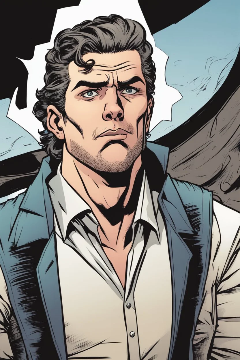 deranged man with slicked back hair, stubble and a judgmental look on his face comic book style