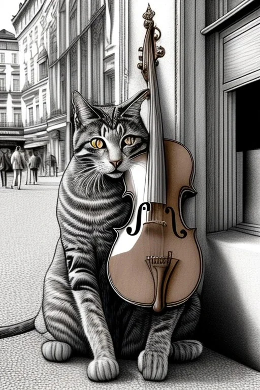 One single mature street cat, friendly, playing violin, vienna, sunny day, perfect iris, model style, hyper realistic, extremely accurate, delicate, extremely detailed, Graphic novel style, colours, wide-angle, open aperture, superfine pencil