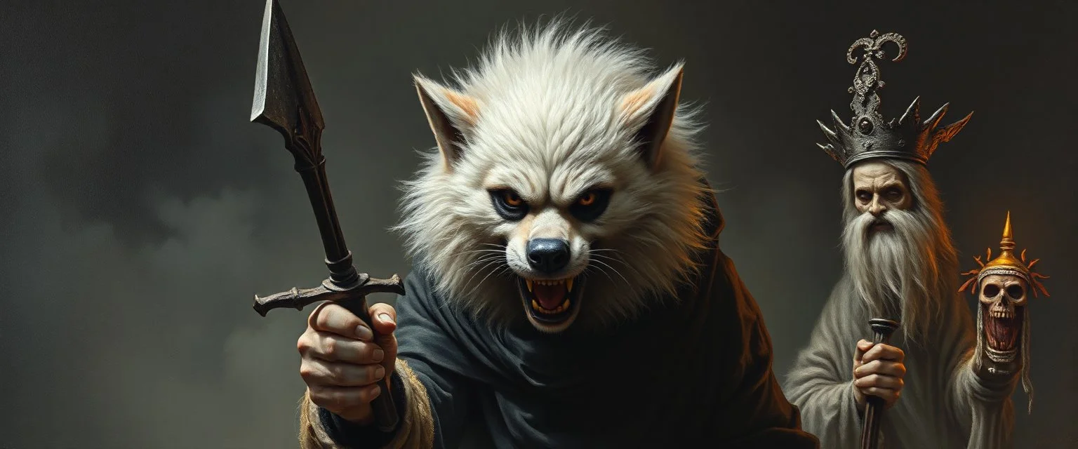 master oil painting with some air brush, fluffy human thief hyena merchant sailor priest realistic and creepy, straight from the lich lab, in the style of Escher and Titian