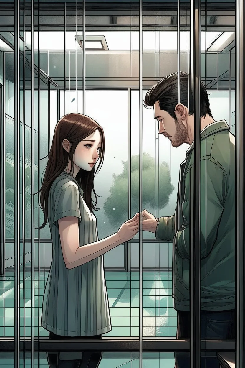 The cover of the song of a girl looks at a man and wants to go to him but there is a glass wall that prevents her and he can't see her Photorealistic