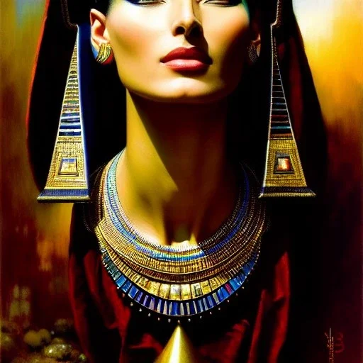 portrait beautiful face Nefertiti,busty,ancient metal armor balanciaga fashion clothe painting by gaston bussiere, greg rutkowski, yoji shinkawa, yoshitaka amano, tsutomu nihei, donato giancola, tim hildebrandt, oil on canvas, cinematic composition, extreme detail,fit full head inside picture