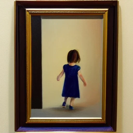 Distant Painting of a little girl walking out of a room