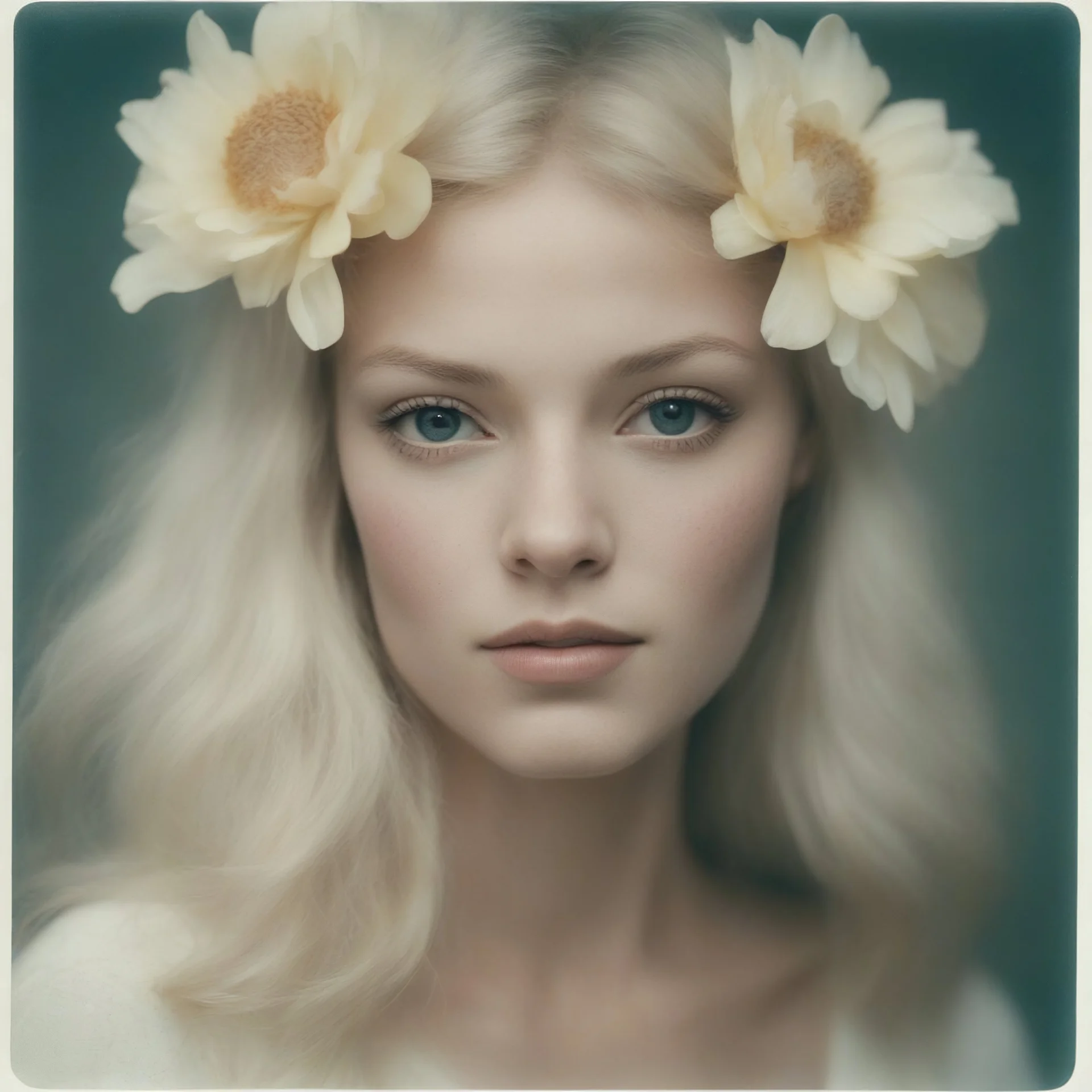 1970s Polaroid head shot of a stunning young platinum straight haired woman, freckles, hair adorned with big flowers.