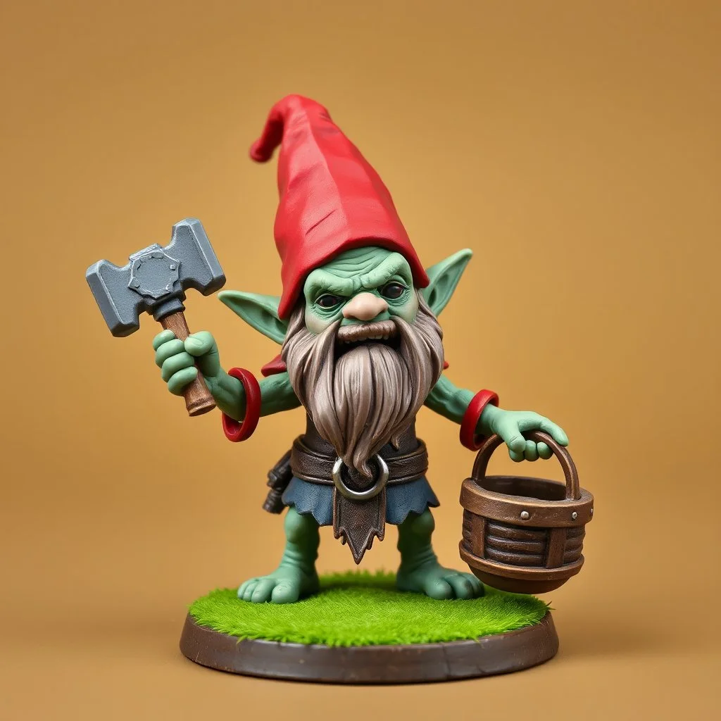 low poly, slime dwarf gnome troll miniature model half painted arms outstretched holding battle hammer offering gift, bucket shield background