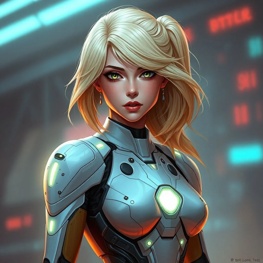 a pretty woman, blonde hair, futuristic, robot chest, digital art, stylised