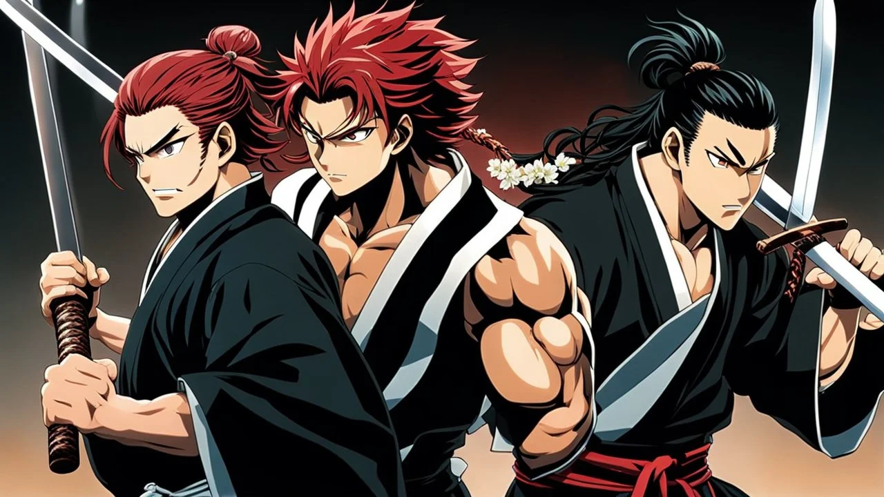 yujiro hanma vs yoriichi tsugukuni, baki vs kimetsu no yaiba, two mans standing in front of each other, a big strong man in black shirt with red hair and evil grin in martial art's stance facing a smaller feminine swordsman with long hair and calm face reaching for his sword in traditional japanese clothes both preparing to fight each other