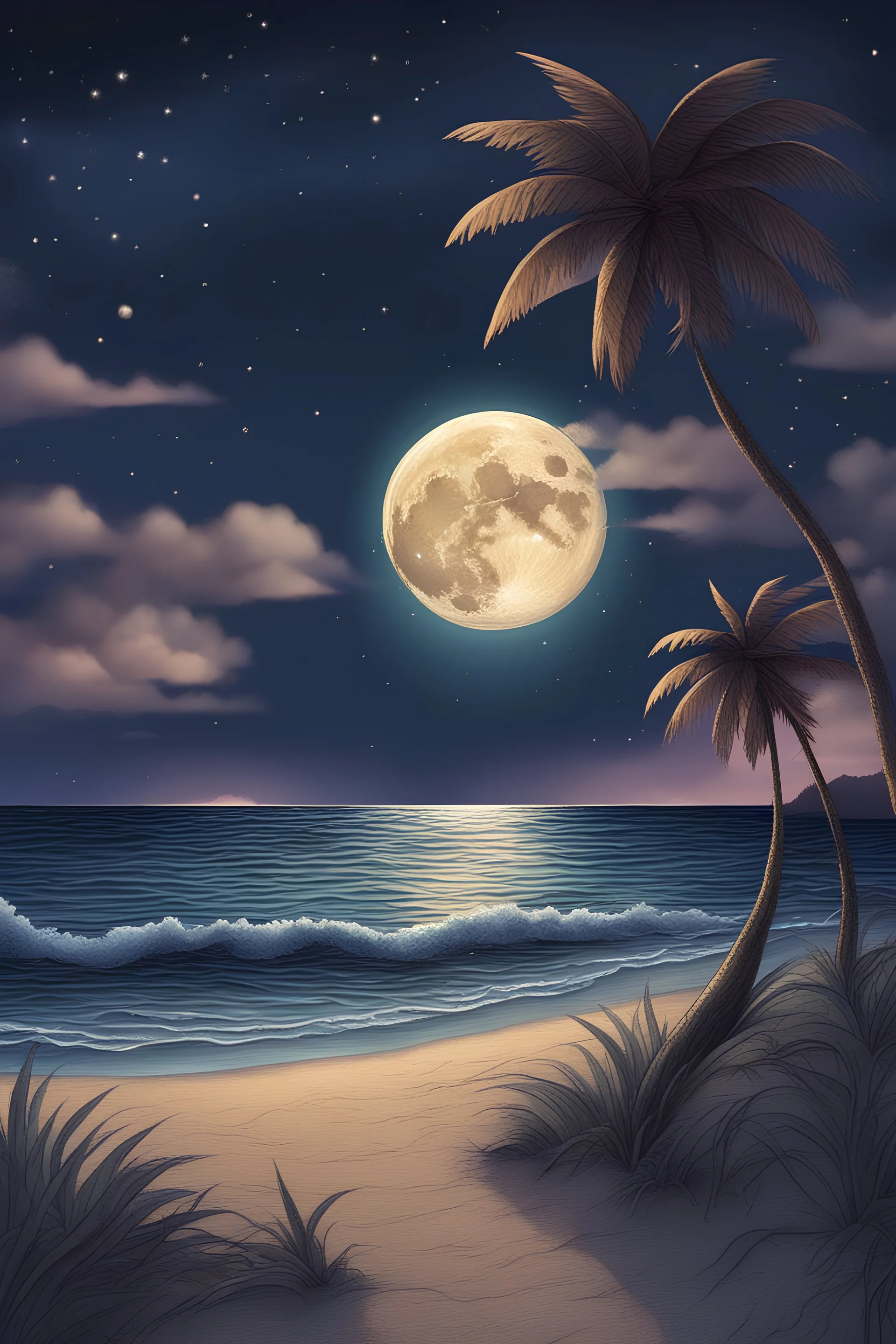 A magical tropical night of sparkling stars, a text written "Nevergiveup" a wild beach and a moon shining on the horizon.