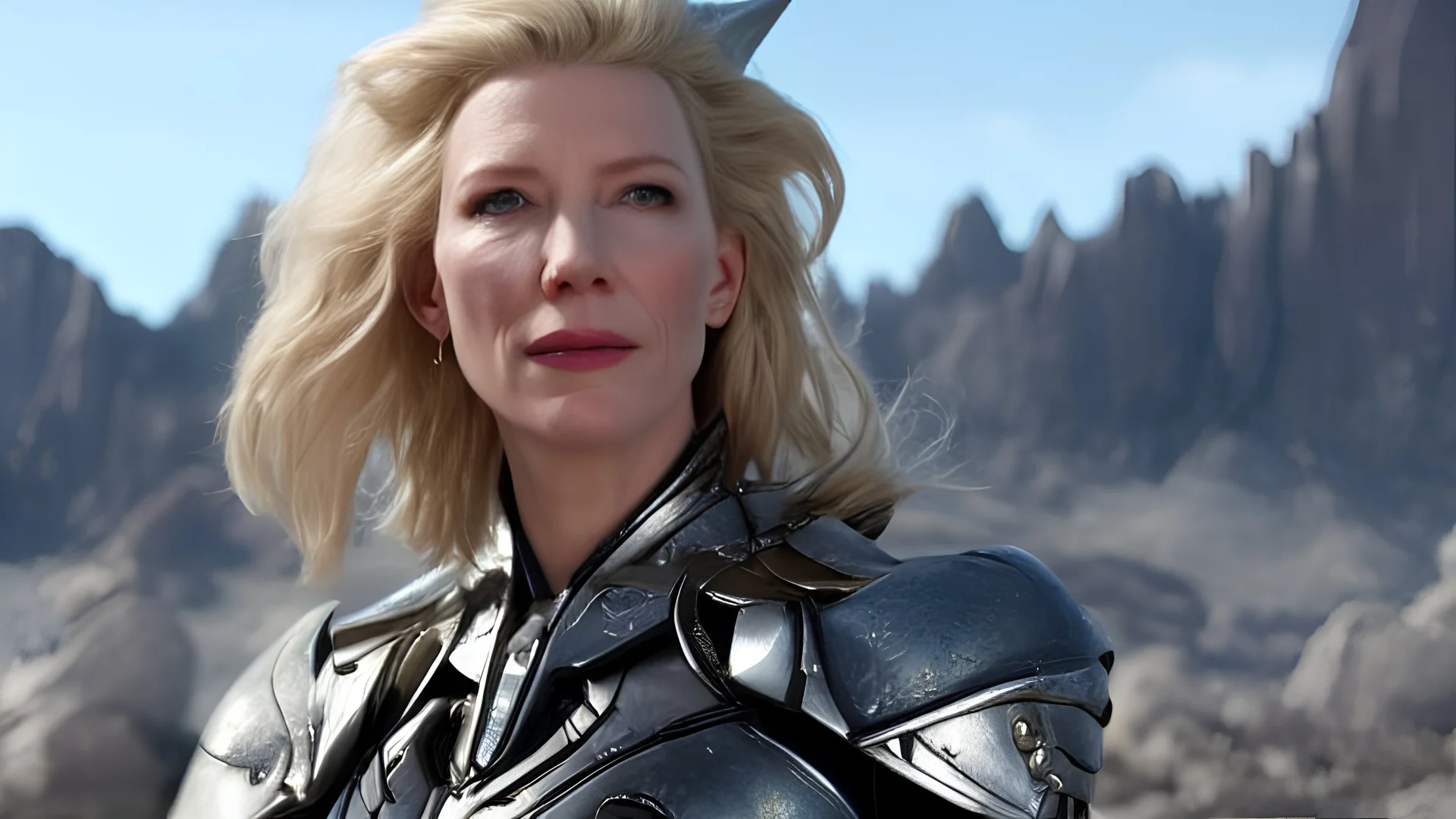 Portrait of Kate Blanchett as an elfin cyborg, in a fantasy landscape, HD 4K, photo-realistic accurate face and features, award winning photography, unreal engine, cinematic lighting