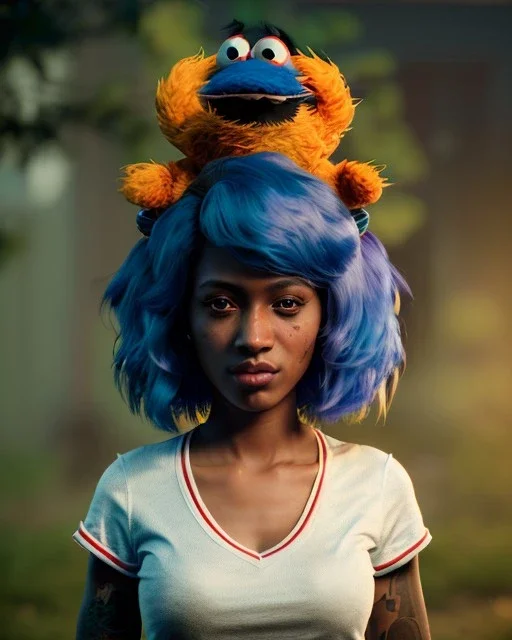 Realistic portrait, hybrid character, waitress sexy British woman with monster muppet mask that covers her entire head, Sesame Street style, retro style, pub, short shirt, tray, beer, old school tattoo, hot, smooth, unreal engine 5, god lights, ray tracing, RTX, lumen lighting, ultra detail, volumetric lighting, 3d.