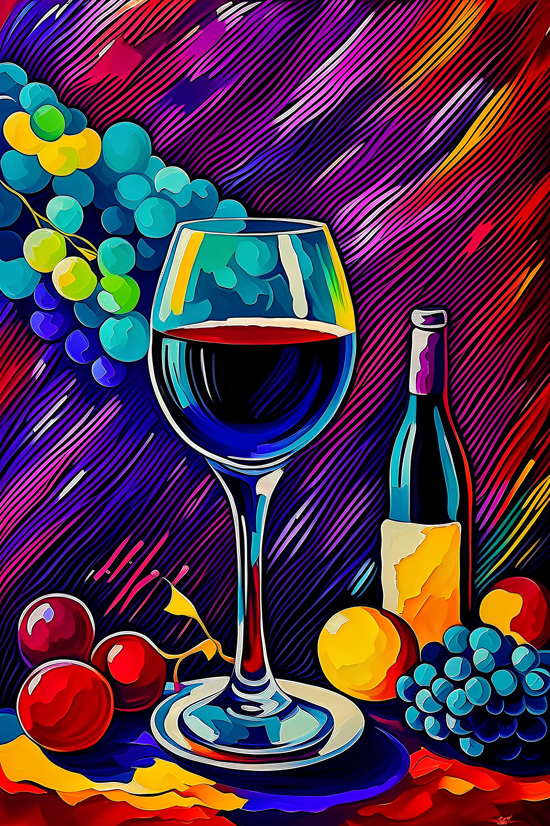 Pinot Noir grape with red wine and balloons in van gough style