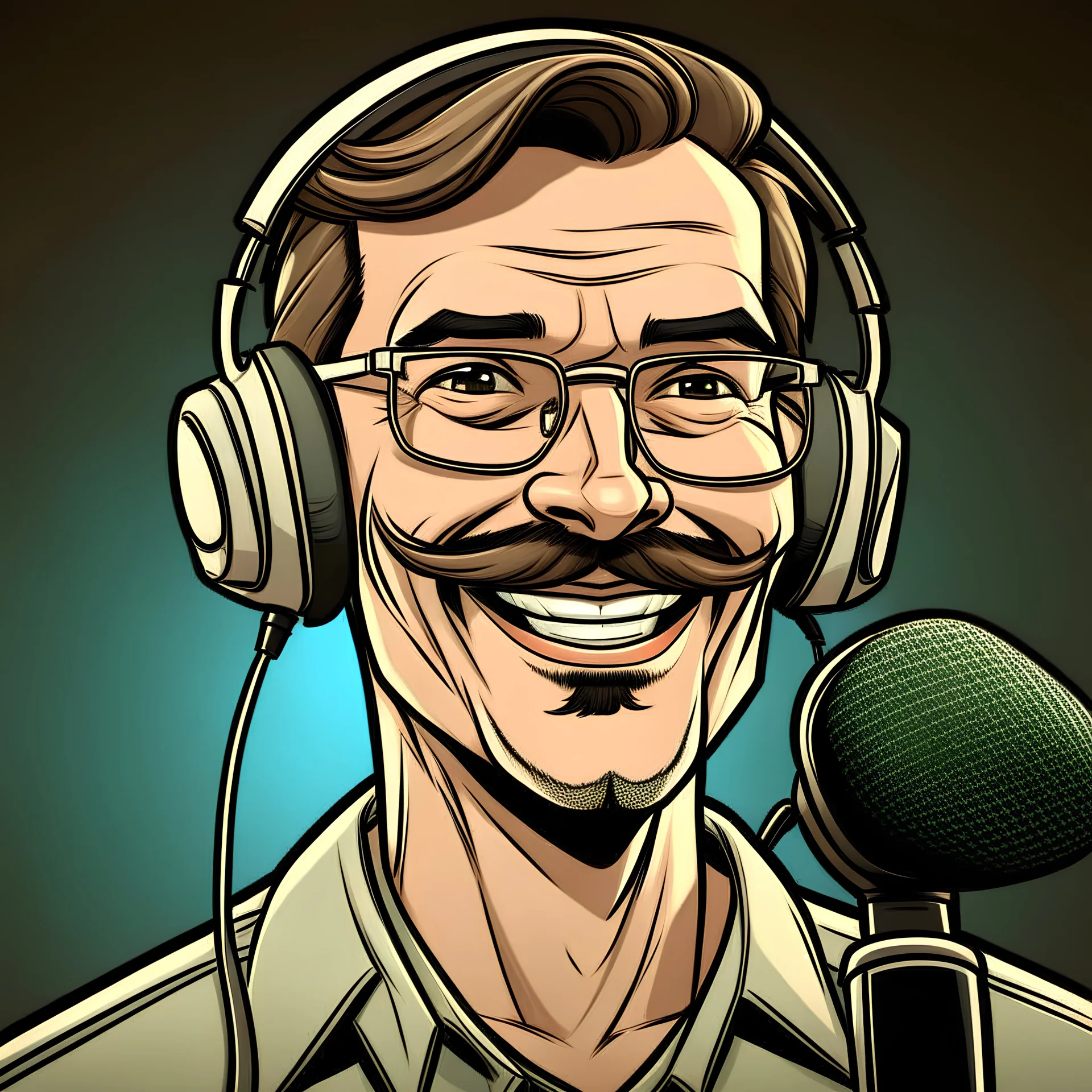 in the illustration style of Grand Theft Auto V, a happy white male radio DJ with glasses and a mustache, cool stylish hair, talking into a broadcast microphone