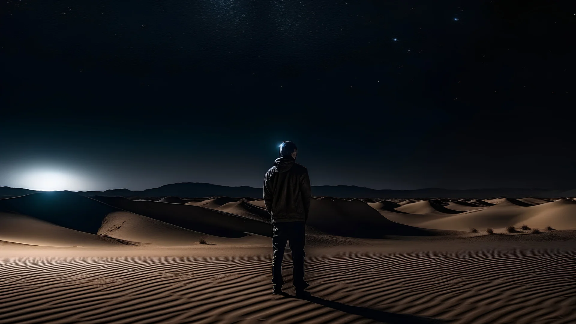 Man standing in the desert at night