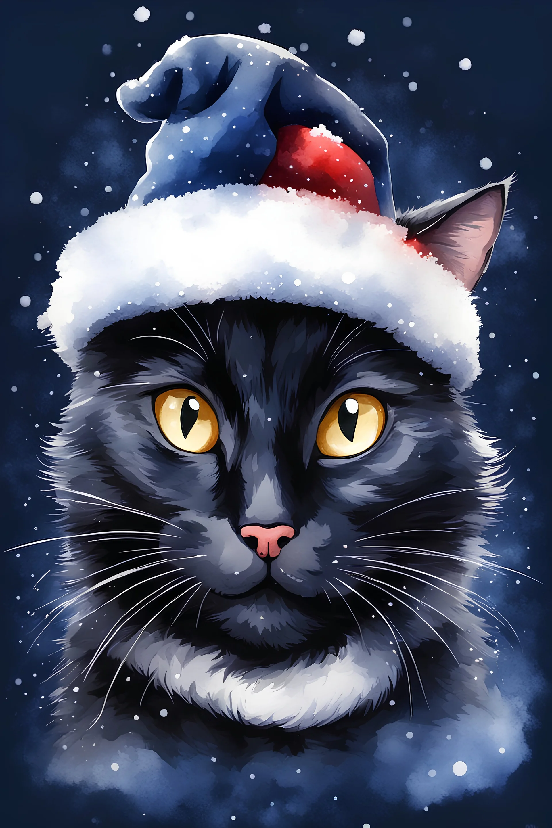 face of cartoon happy black cat with hat Santa Claus on dark blue background with white snow watercolor drawing