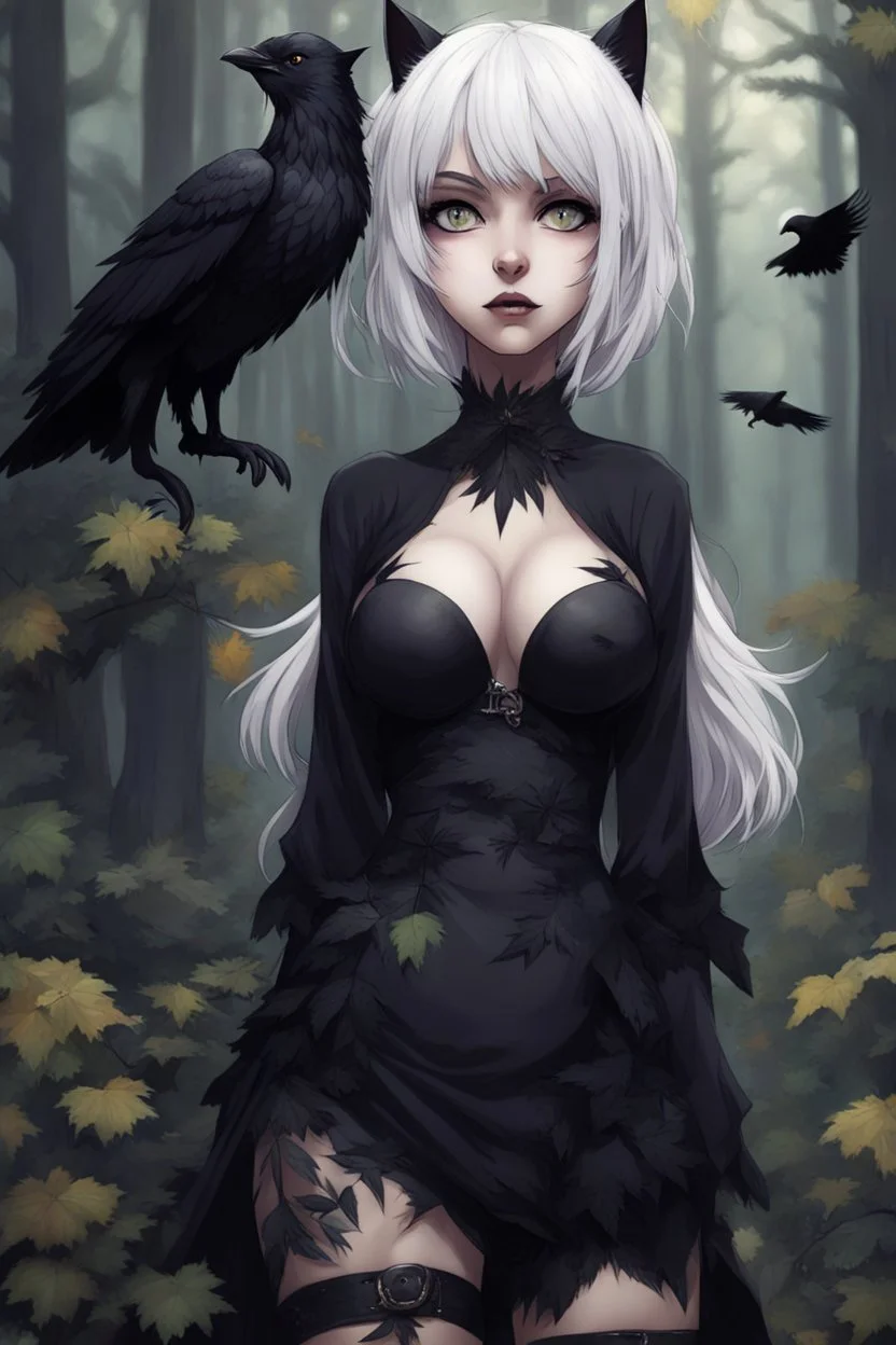 CAT GIRL, goth, forest, nature, cartoon, leaves, half black half white hair, boobs, ravens