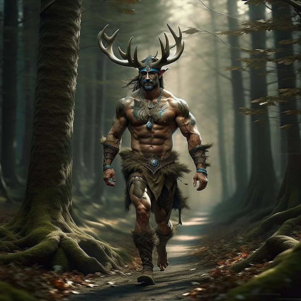 large muscular feyman with antlers walking in the woods fantasy digital art