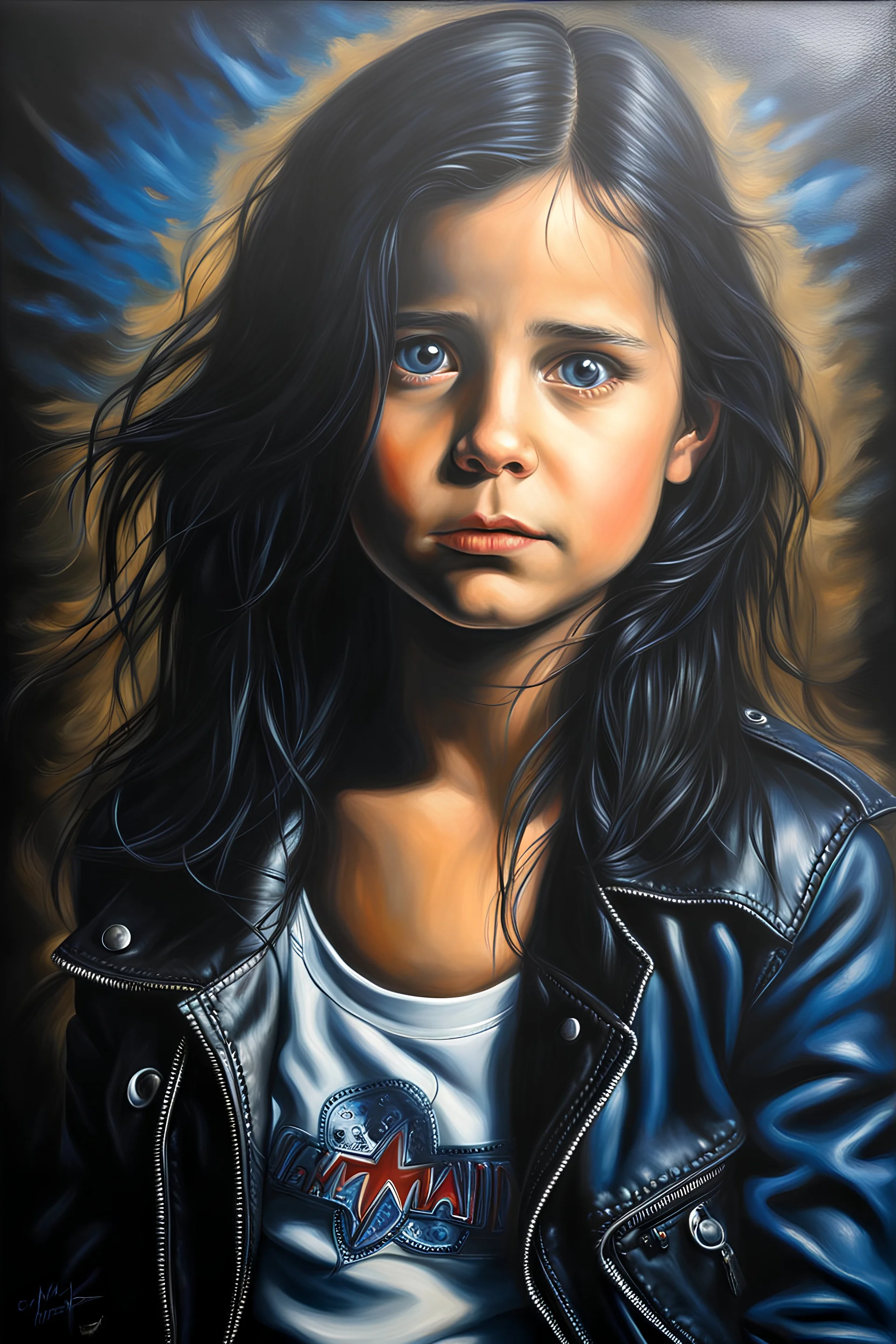 Famous actors as Children - facial Portrait - oil on canvas, chiaroscuro, deep shadows, fairytale, 20th century masterpiece, rich deep colors, highly detailed portrait, Demi Moore wearing a black leather biker's jacket, a black "Iron Maiden" T-shirt, Blue Jeans, black Converse sneakers,