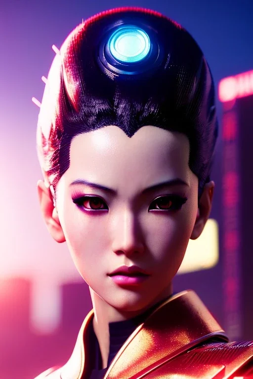 Futuristic manga cyborg, portrait from waist up, intricate eyeliner, vibrant eyeshadow, clear completion, soft lighting, 4k resolution, intricate details, insanely detailed, colorful cityscape background, masterpiece, expert, cinematic smooth, retroanime style, realistic details, no helmet, pastel hair color