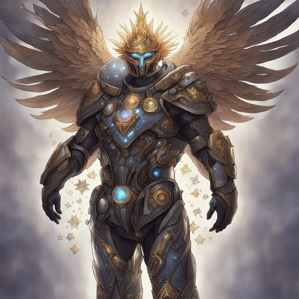 A battle suit made of galaxies and stars with a glove that has seven endless stones,A god-like man with infinite power who owns the galaxies,God-like man with infinite power who owns the galaxies and wears a beautiful crown, a jewel of diamonds and galaxies with weapons riding on a creature with an eagle head and eagle wings and eagle hands