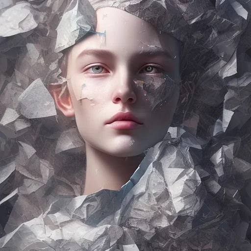 rendered in blender trash bag on his head and crumpled paper as a texture, collage paper and tape, slit - scan photography, high resolution, cinematic, unreal 6, breathtaking detailed