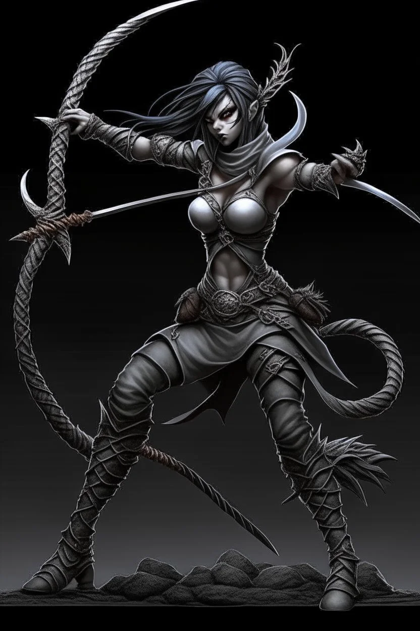 female gray skin Shadar-Kai wielding a Whip a whip made out of black thorns