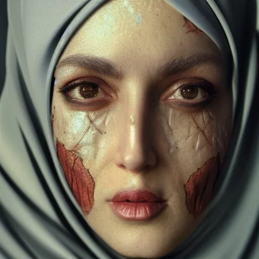 close up portrait of Sofia Buttela as woman in hijab, fine detail, highly intricate, modern surrealism painting, with scars on face , defined cracks and breaks, high-quality, volumetric lighting, 8k, ultrahd, George Grie, Marco Escobedo, Igor Morski,Brian Froud, Howard Lyon, Selina French,