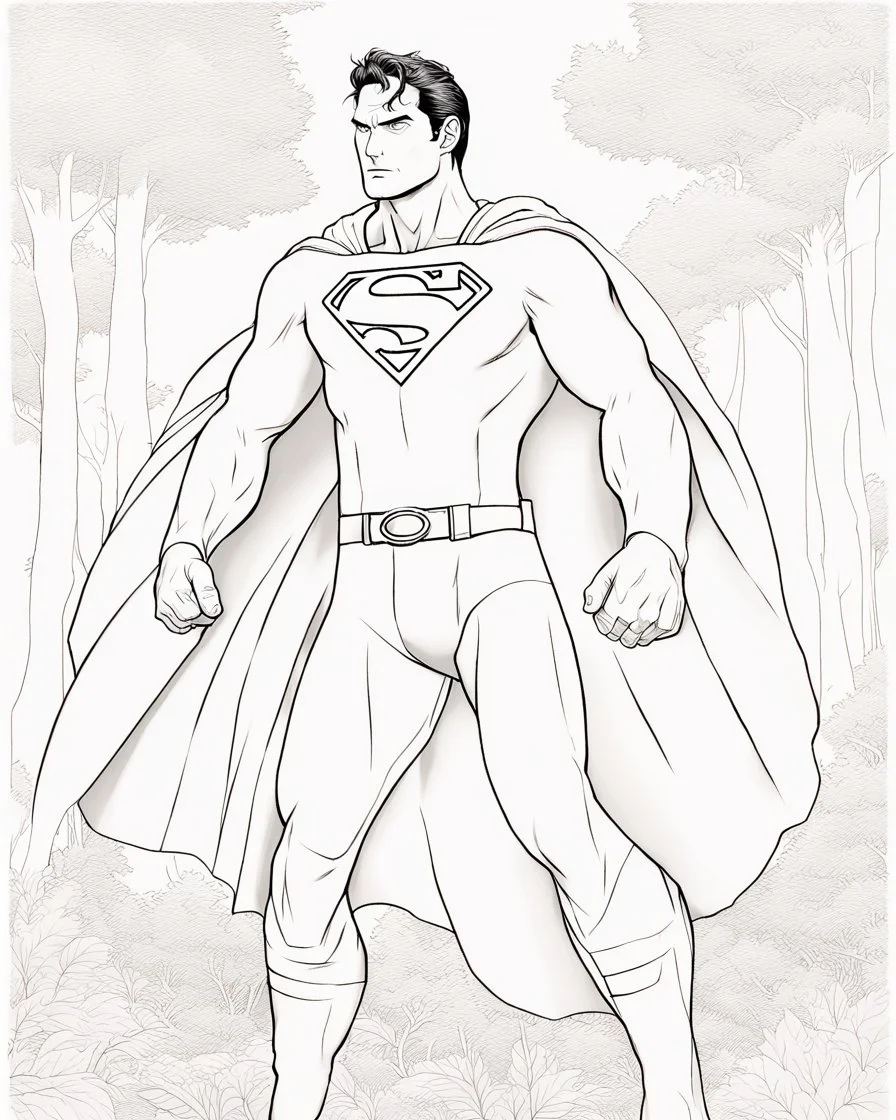 Realistic outline art of Superman. Naruto cinematic lighting, high definition 3D art color pages with witch, realistic forest background, drawing style, full body, using detailed color brain, mandala style, clean line art, white background, no shadows, clear and good