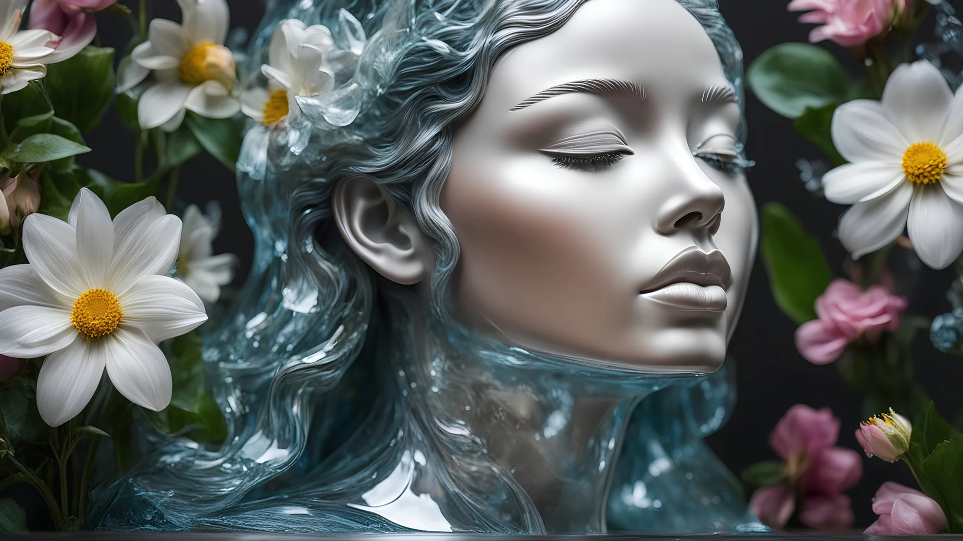 close-up photo of statue made out of transparent glass,beautiful young girl,flowers inside the statue,flowers inside,floral design,plants under glass,emotional,dark,modern,abstract,(closed_eyes:1.1),parted lips,ears,