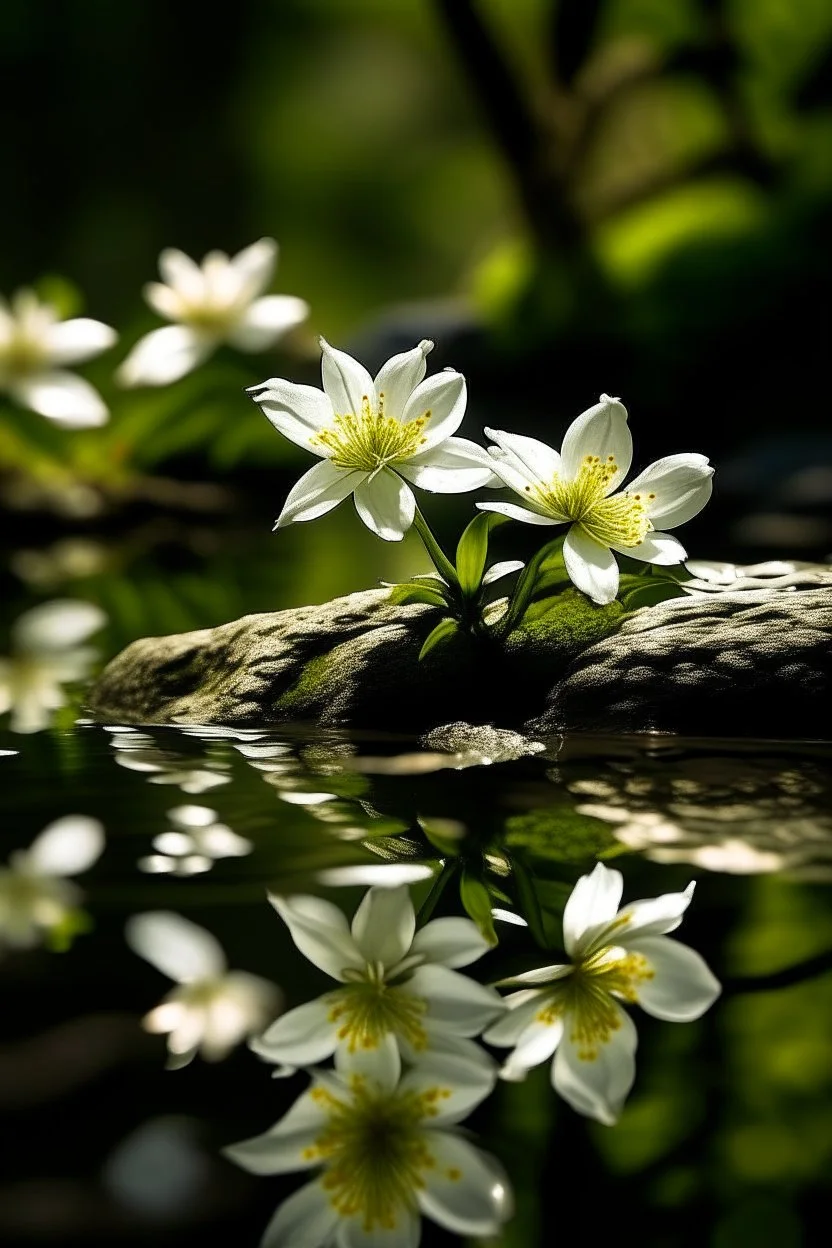 jasmine with blurry water reflection of a stream below