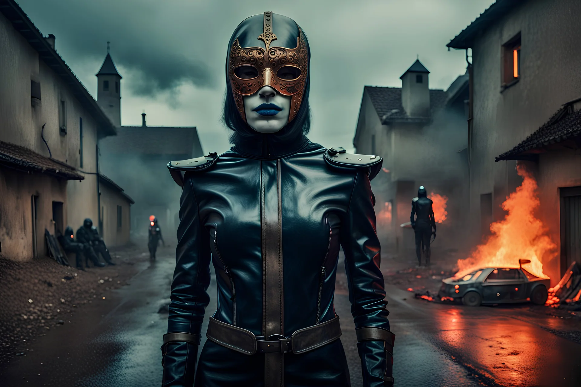 Peter McKinnon-Floria Borsi oil painting, a masked 70's milizia guards wears leather body-paint tigh-fitting suit costume, futuristic Sid Mead cyberpunk movie dark car, people arrested, in front of a France medieval burning village, dinamic scene, three quarter view, stormy rainy day, stunning details, 8k, style raw style raw, neon pop '80s oil paint-style raw, Mario Bava-Boris Mikhailov-Alex Strohl,greg rutkowski