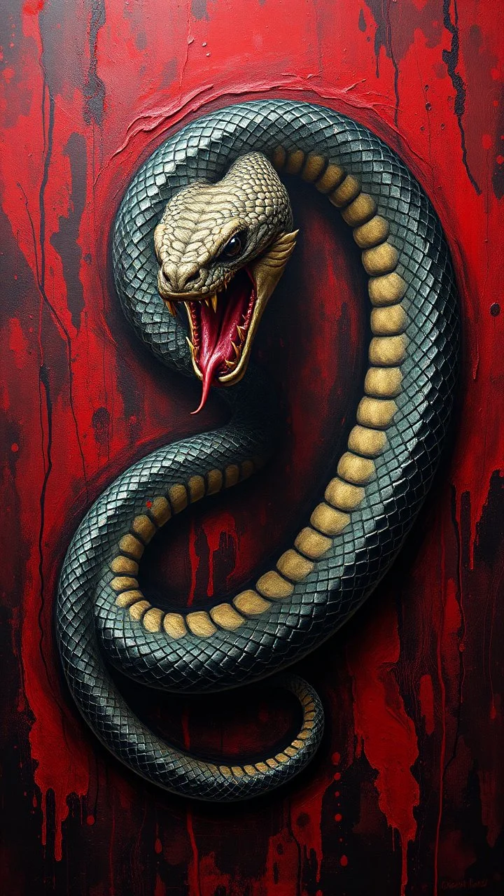 Bosch style painting , A 3D snake on red and black bloody background
