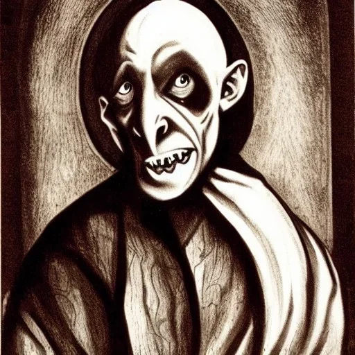 Nosferatu vampire with a tentacle beard hair and vampire fangs as a Russian Orthodox