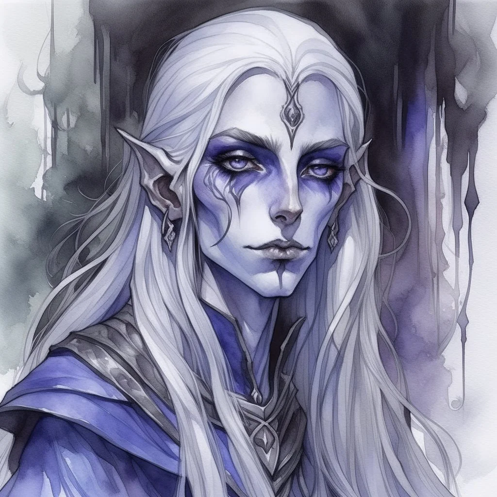 dnd, fantasy, watercolour, large strokes, stylistic, portrait, illustration, dull colours, woman, dark elf, drow, face, narrow long face, cruel face, cold demeanor, purple eyes, piercing eyes, vicious expression, white hair, very long hair streaming down the shoulders, lush hair, elegant, short small mouth, cruel smile