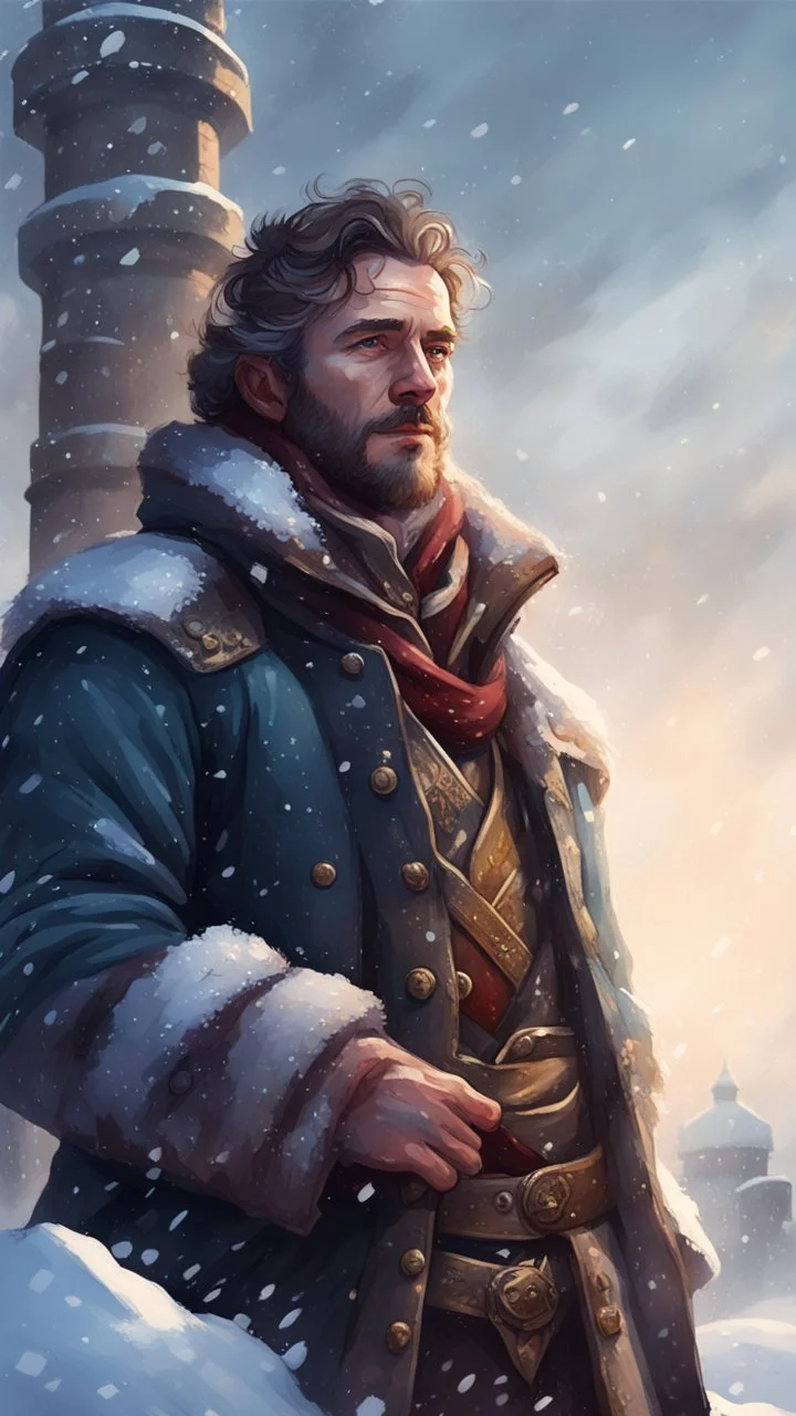 portrait of bard man in the snow on holding a tower fortification, magazine cover illustration with oil paint and spray paint, signed, bokeh like, down-light, unreal engine, prize winning