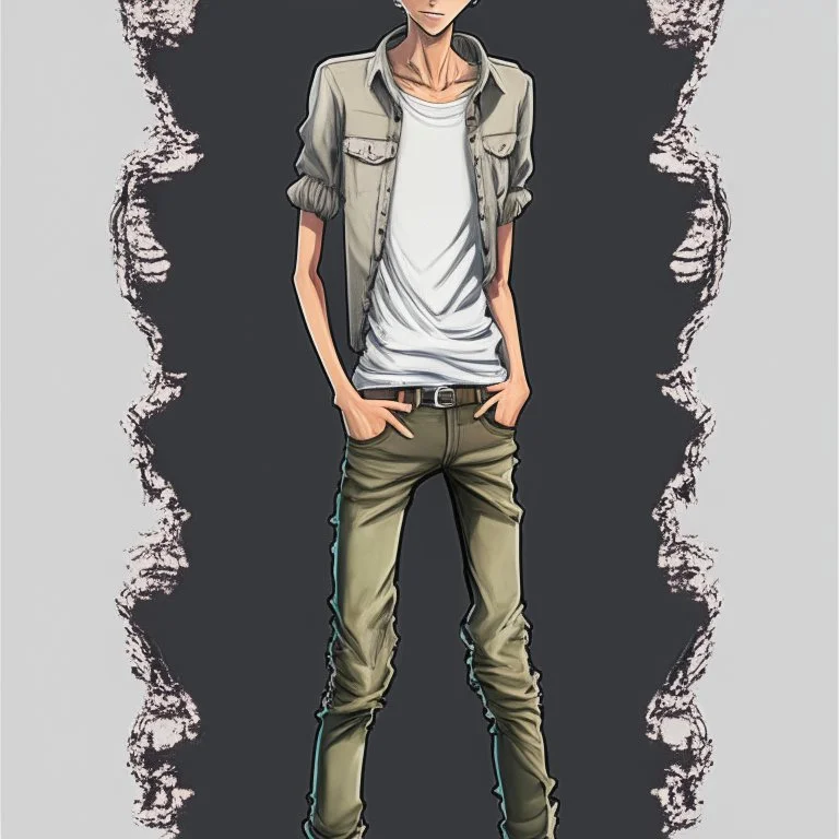 Teen man, black hair, black leather jacket, perfect face, style of tomer hanuka, jeans, pompadour. standing, full body