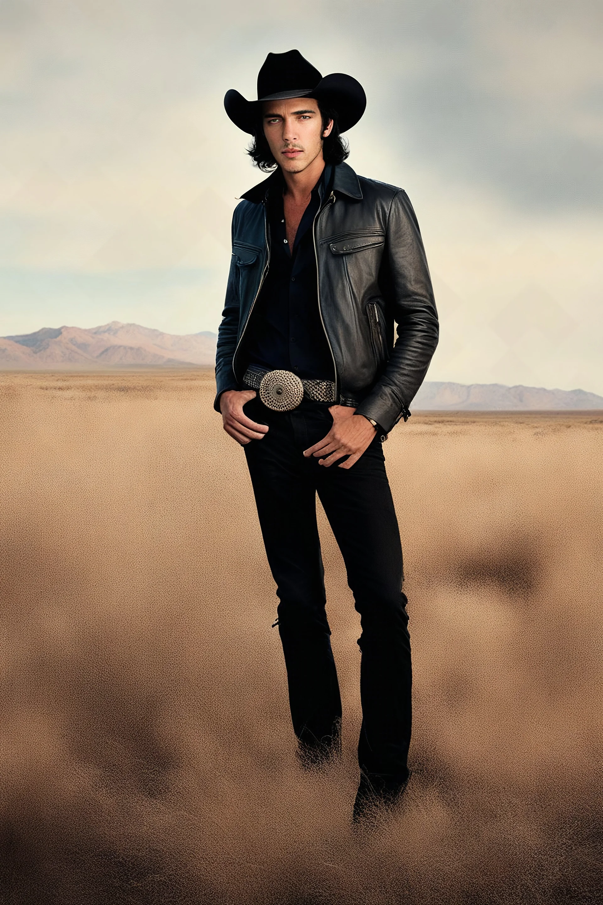 18-year-old Elvis Paul Stanley Keanu Bernthal, cowboy hat, tan leather jacket, blue shirt, blue eyes, short hair, oil painting, elegant, highly detailed, centered, digital photograph, smooth, sharp focus,