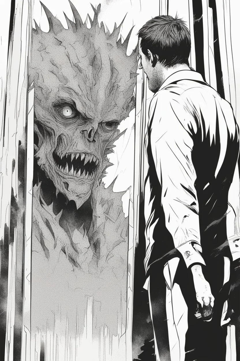 a man looking into a shattered mirror and seeing a horrifying, abstract deranged monster in his reflection