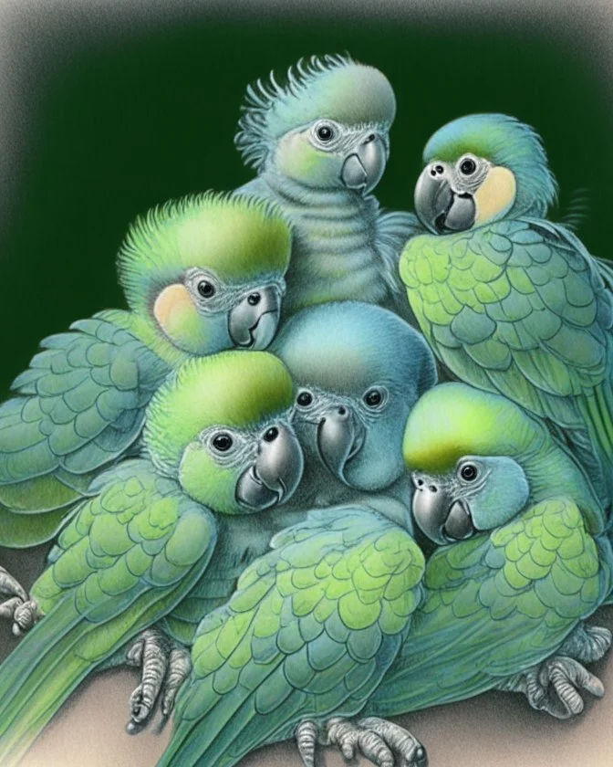 Drawing of a group of baby parrots