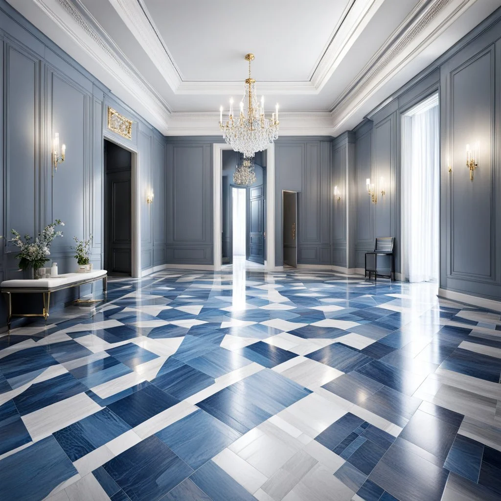 luxury hall ,tiled blue and gray large floor,