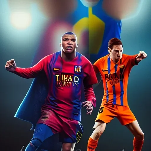 Insanely detailed portrait of mbappe vs messi as superheroes:: perfect proportions :: by Artgerm, Greg Olsen, Pixar, WLOP :: hyperrealistic, hyper detailed, photorealistic :: a masterpiece, incredible composition, amazing depth, imposing, meticulously composed, 8k :: unreal engine :: Mappa studios :: detailed matte painting, deep color, fantastical, intricate detail, splash screen, complementary colors, fantasy concept art, 8k resolution trending on Artstation Unreal Engine