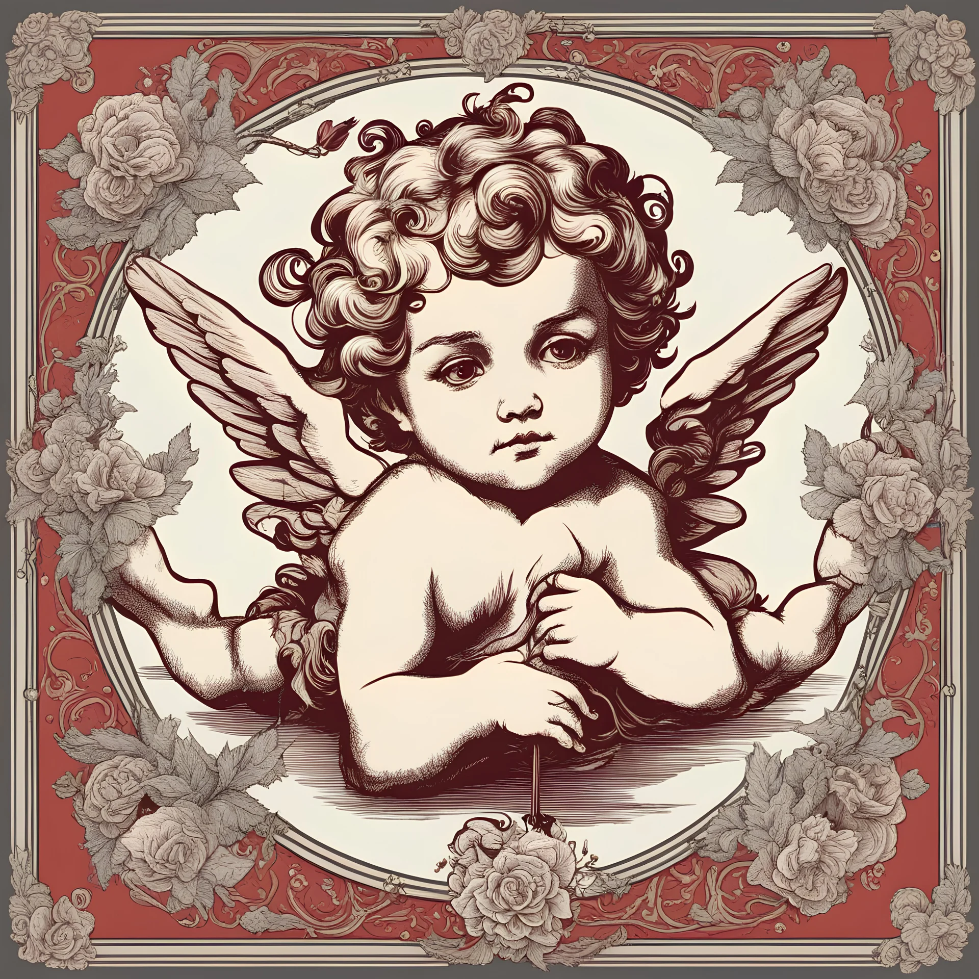 Lovesick cherub looking cupid illustration, vintage valentines day colors, overexaggerated, detailed drawing, behance, Victorian inspired, art station