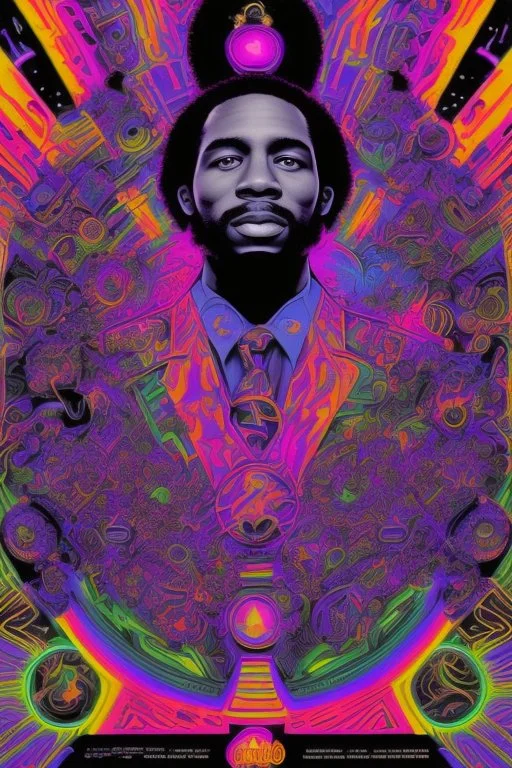 70s Black light poster design in the style of George Goode, featured “a black man rais[ing] his unshackled fist while the background bursts with fluorescent yellow flame.” neon fluorescent glow, psychedelic, bright, shimmering, fluorescent colors pop and sizzle, mystique, cosmic,