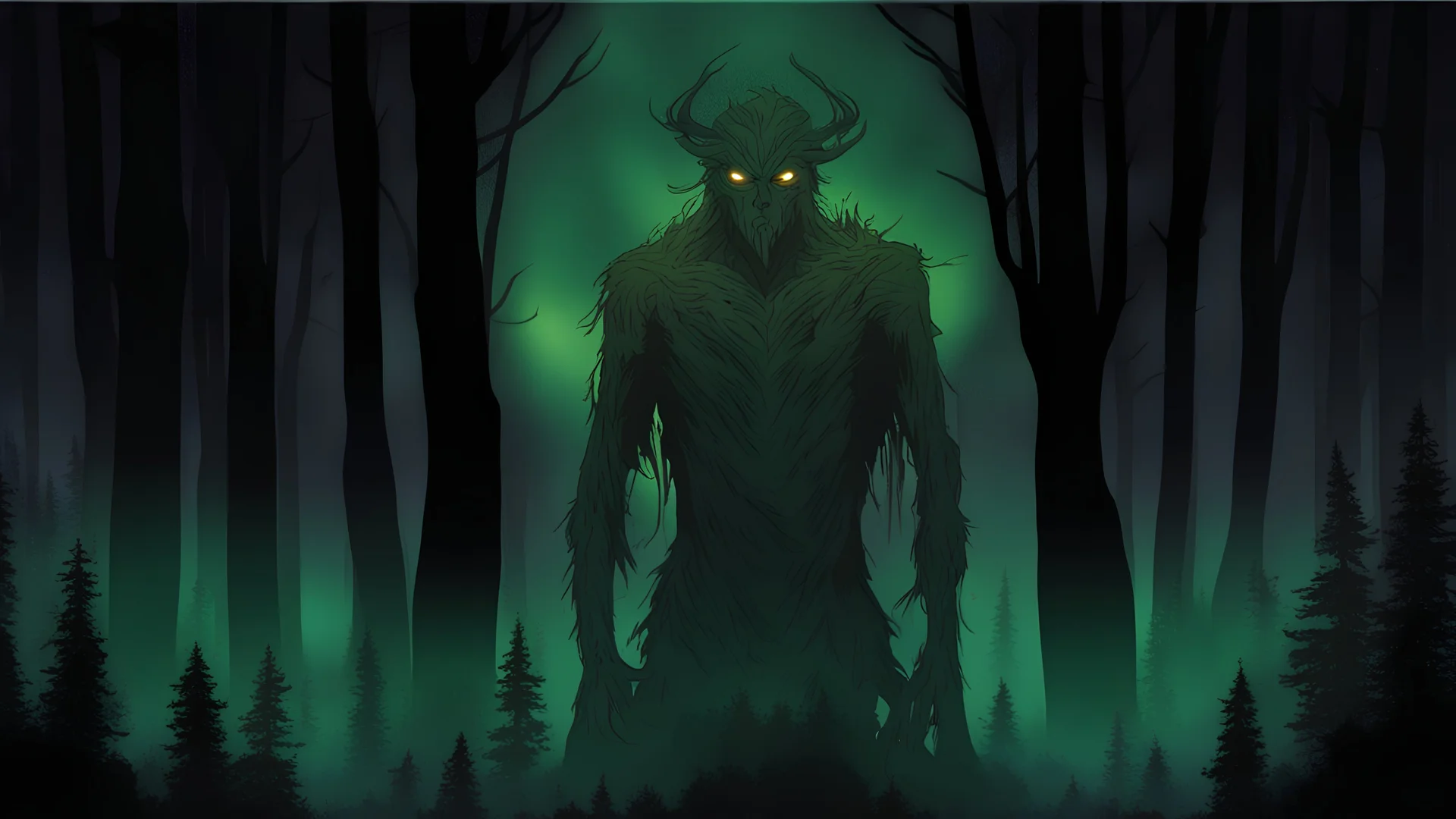 windigo turning to face you, dark forest background, glowing eyes. hunched over, staring covered in decay, deep shades of green, starry night sky, multi-color gradient sky