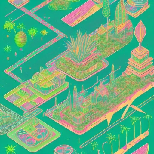 tropical city, latino, plants, streets, risograph, flat design, 2 colors