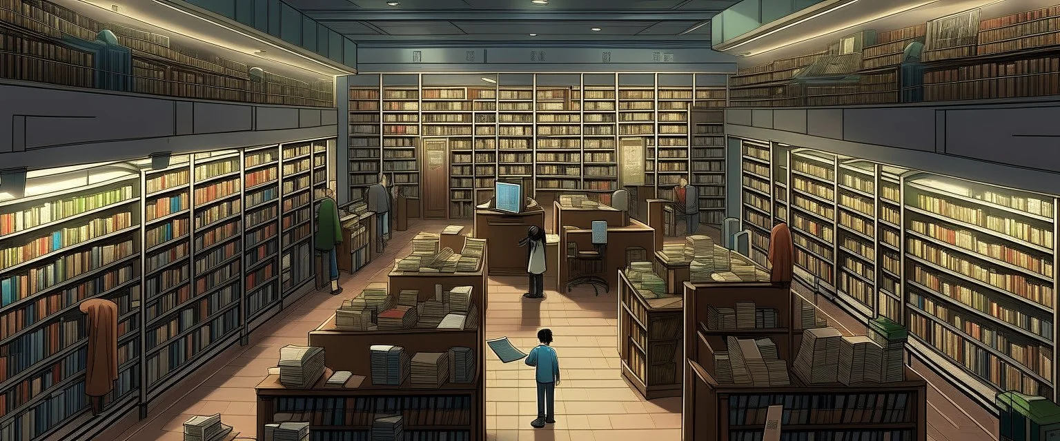 the endless library, a place of workers, in the style of miko mission