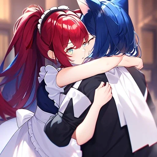 Clear Focus, High resolution, wearing a maid uniform, fluffy hair and a long ponytail, blue hair, cat ears, meowing, hugging another girl with red long fluffy hair also wearing a maid outfit, looking at you