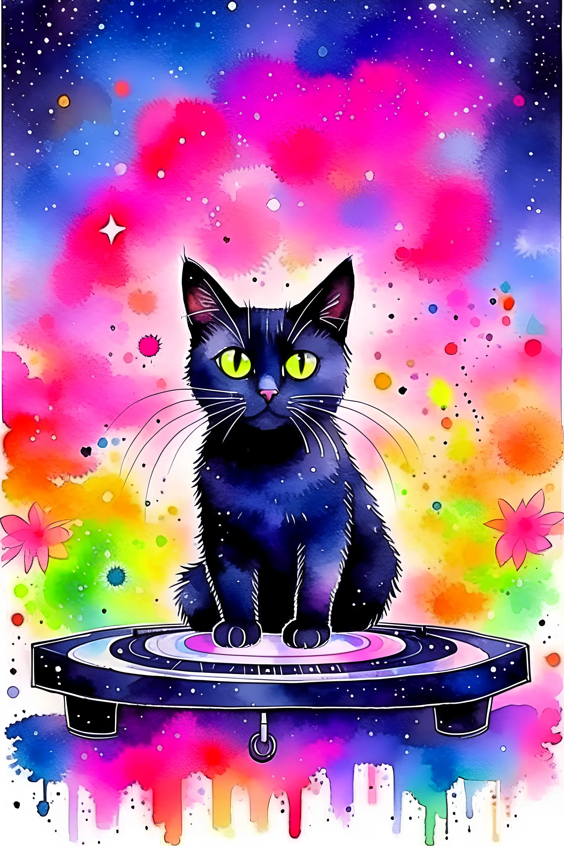 Watercolor of a cute dj black cat, full body, pastel colors, starry space background, cinematic lighting, flowers everywhere,