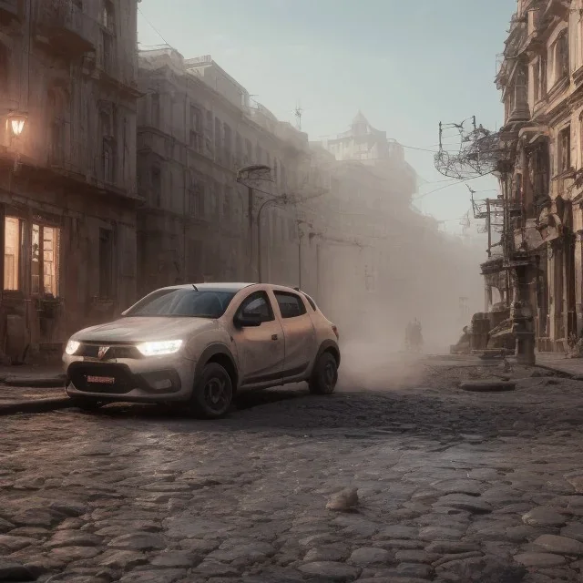 an dacia car ultra realistic durty dust no clean ,wide body , ,on street,8k resolution, high-quality, fine-detail, parked in crowded city winter wide body night future city