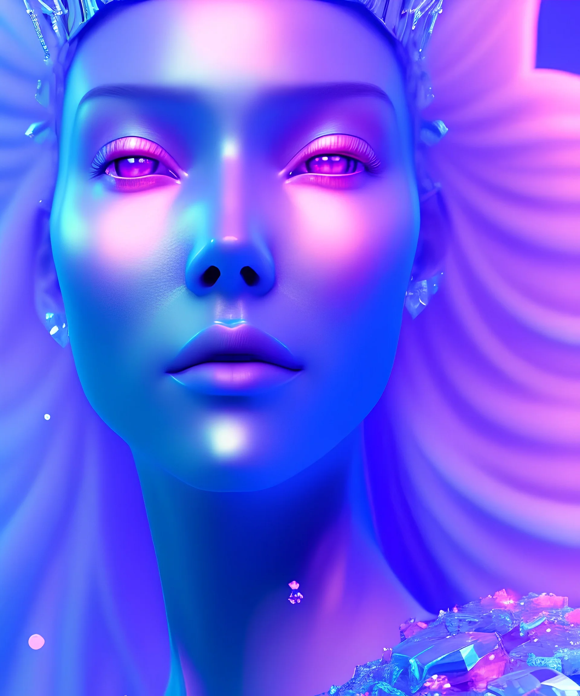 A portrait of a crystalised blue pink queen, atmospheric, realistic, unreal engine, lighting, octane render.