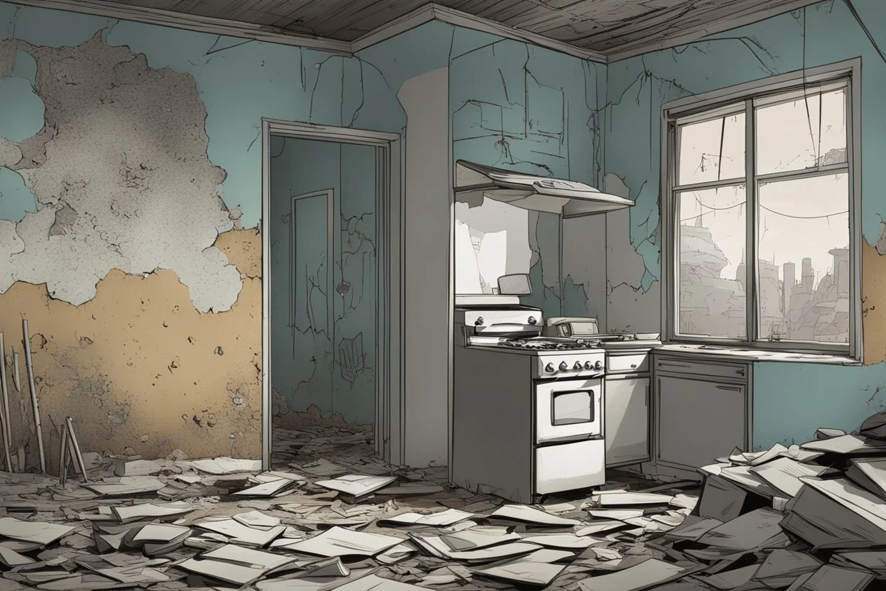 interior house, dilapidated apocalyptic, background, comic book,